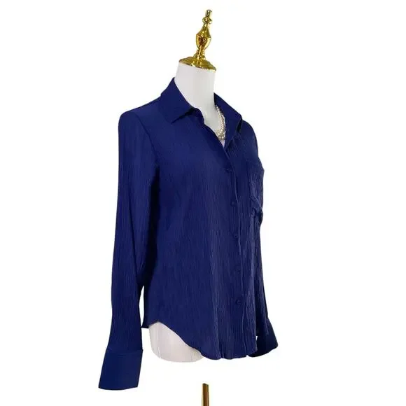 50th Street Petite Navy Blue Crinkle Long Sleeve Button Front Blouse Size PS - Picture 5 of 11